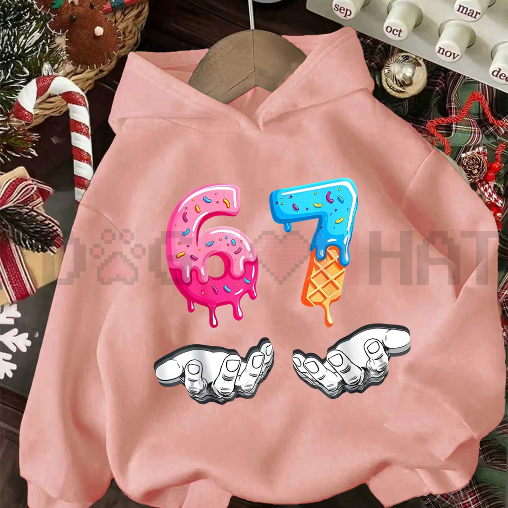 Light pink Christmas hoodie pullover with colorful ice cream graphic and white print