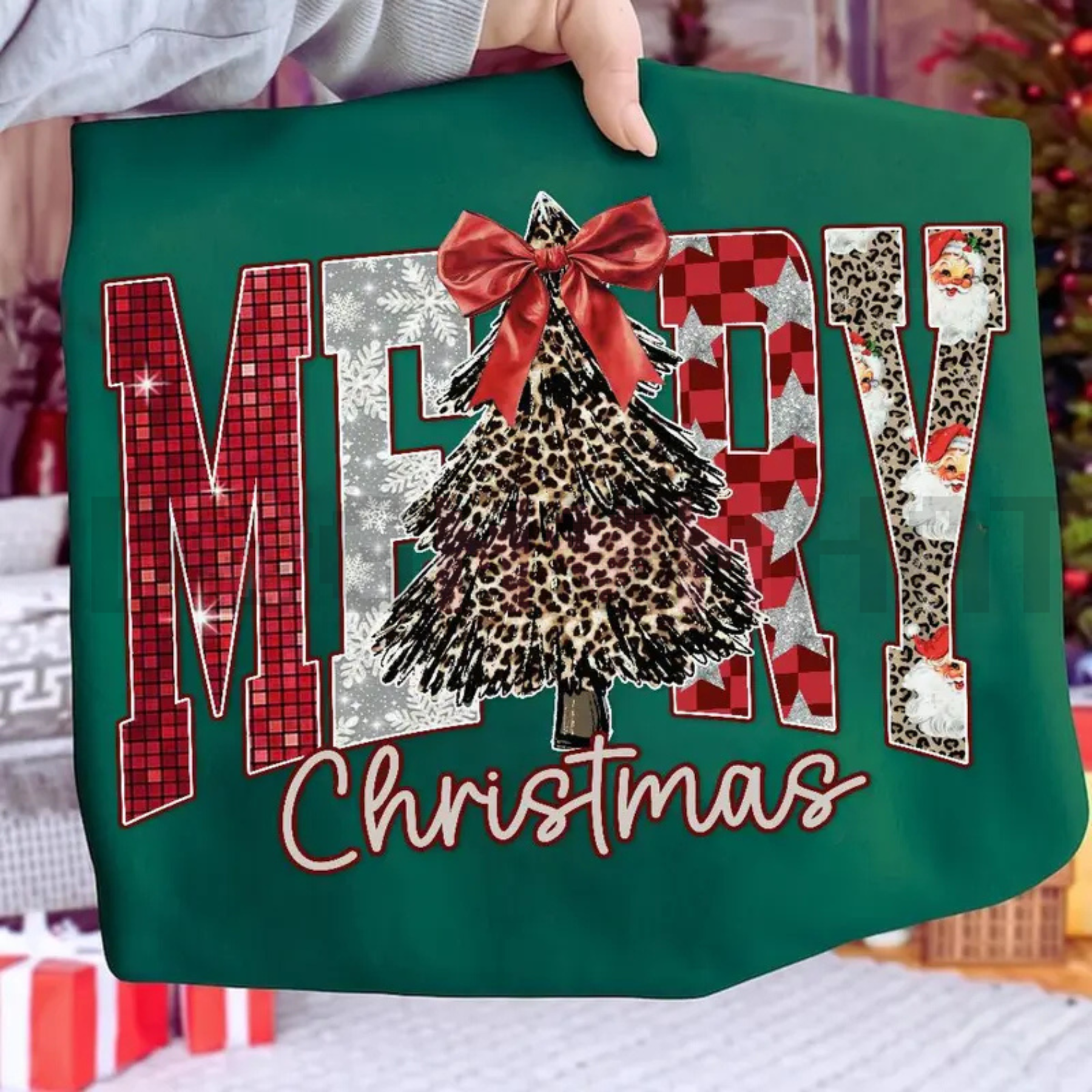 Green Merry Christmas sweatshirt with bow and leopard tree graphic, long sleeves