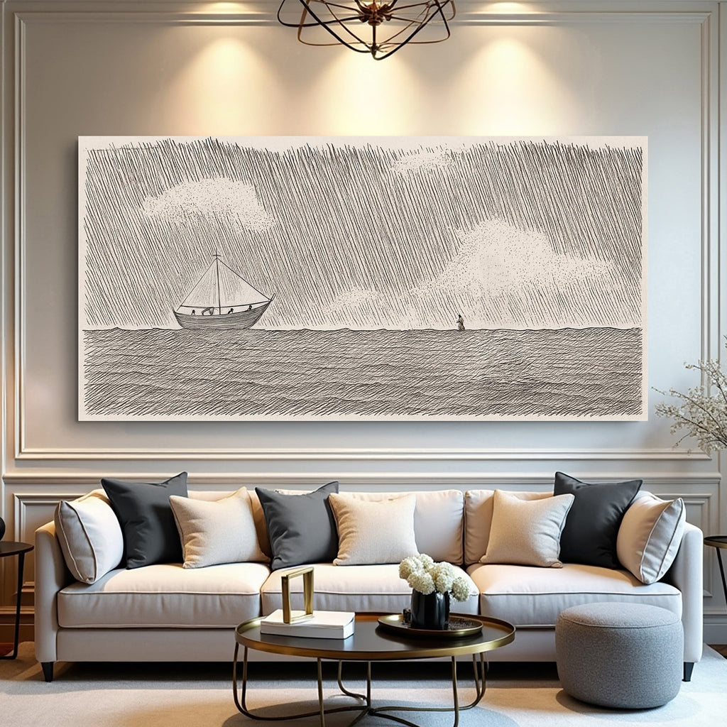 Jesus walking on water faith wall art canvas print in monochrome sketch style