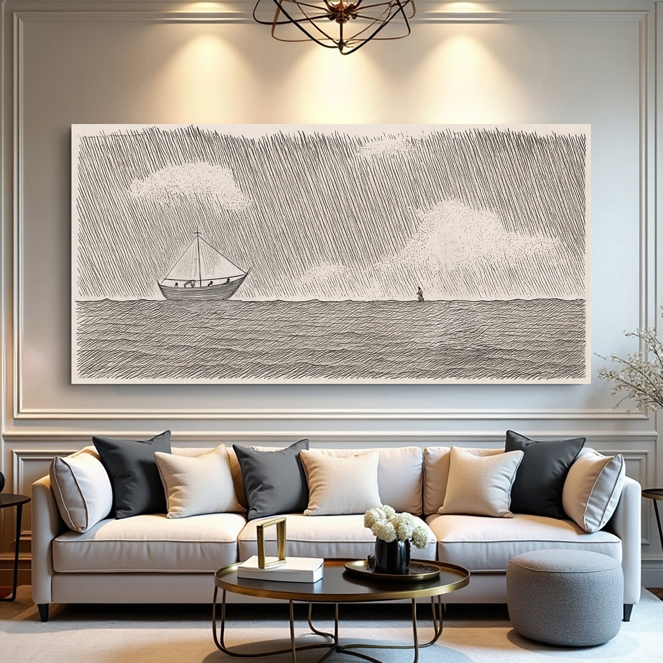 Jesus walking on water faith wall art canvas print in monochrome sketch style