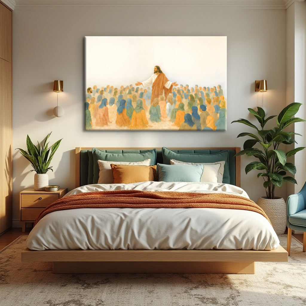 Landscape canvas wall art of Jesus speaking to a crowd, orange robe and raised arm