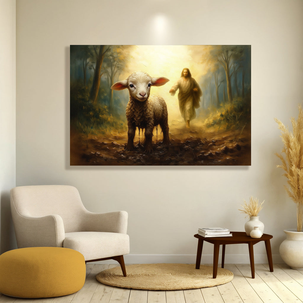 Religious wall art canvas of a lamb and Jesus walking through a forest path