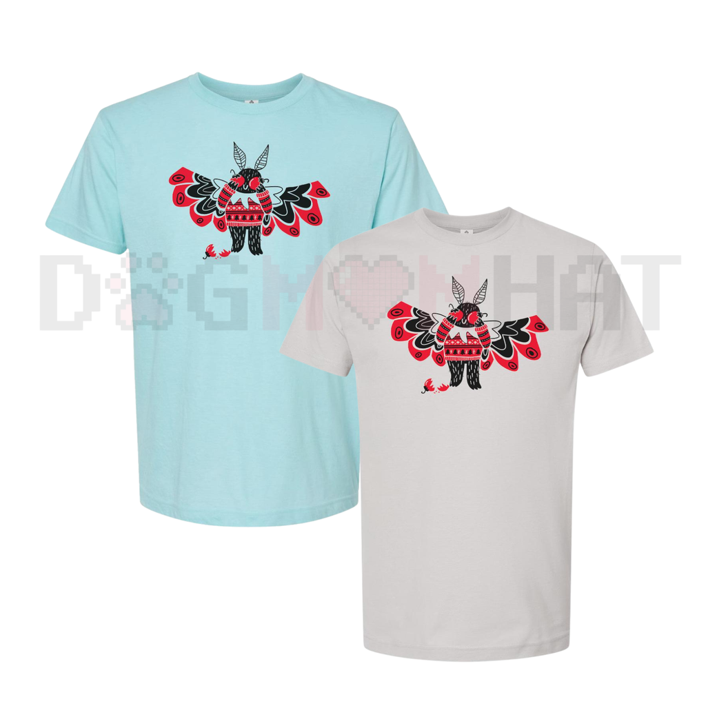 Light blue and white crewneck T-shirts with red-and-black animal graphics