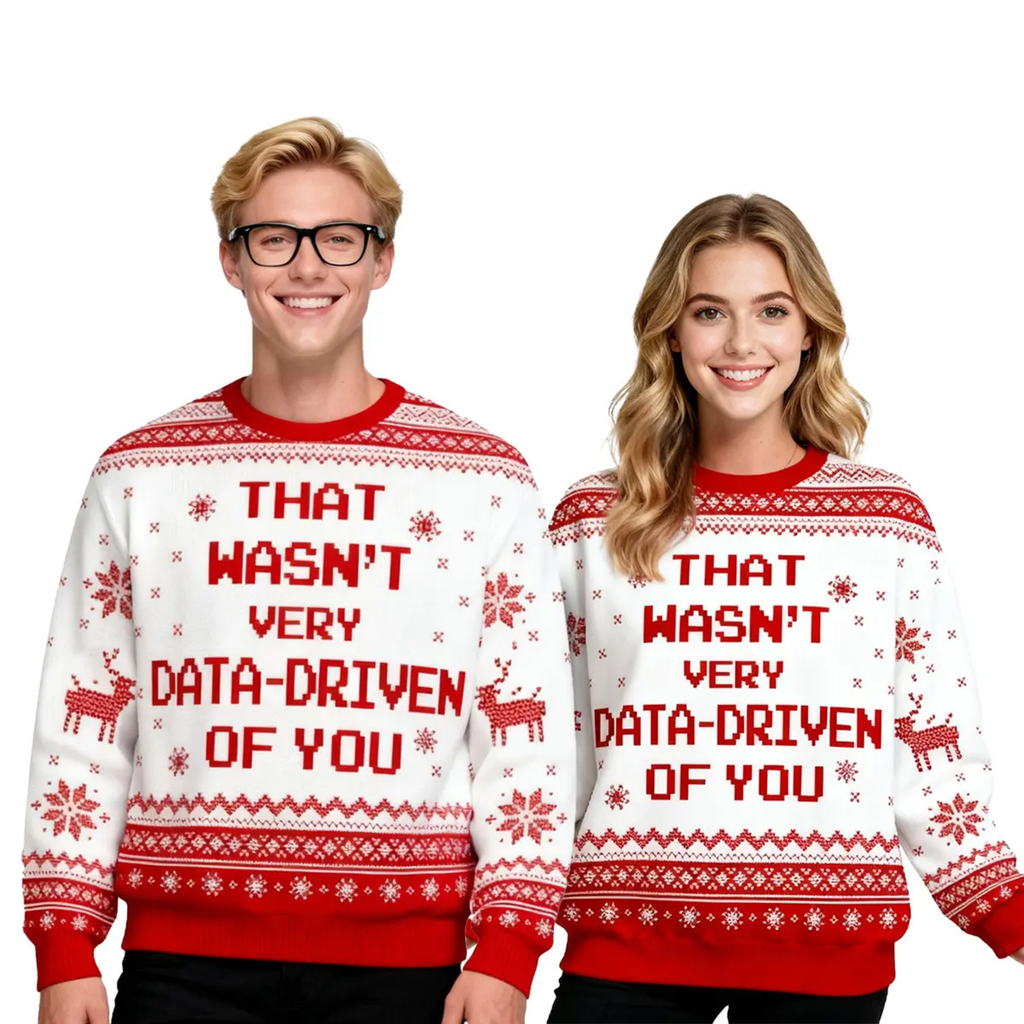 Crew neck knit Christmas sweater in white with red trim and 'That wasn't very data-driven' slogan