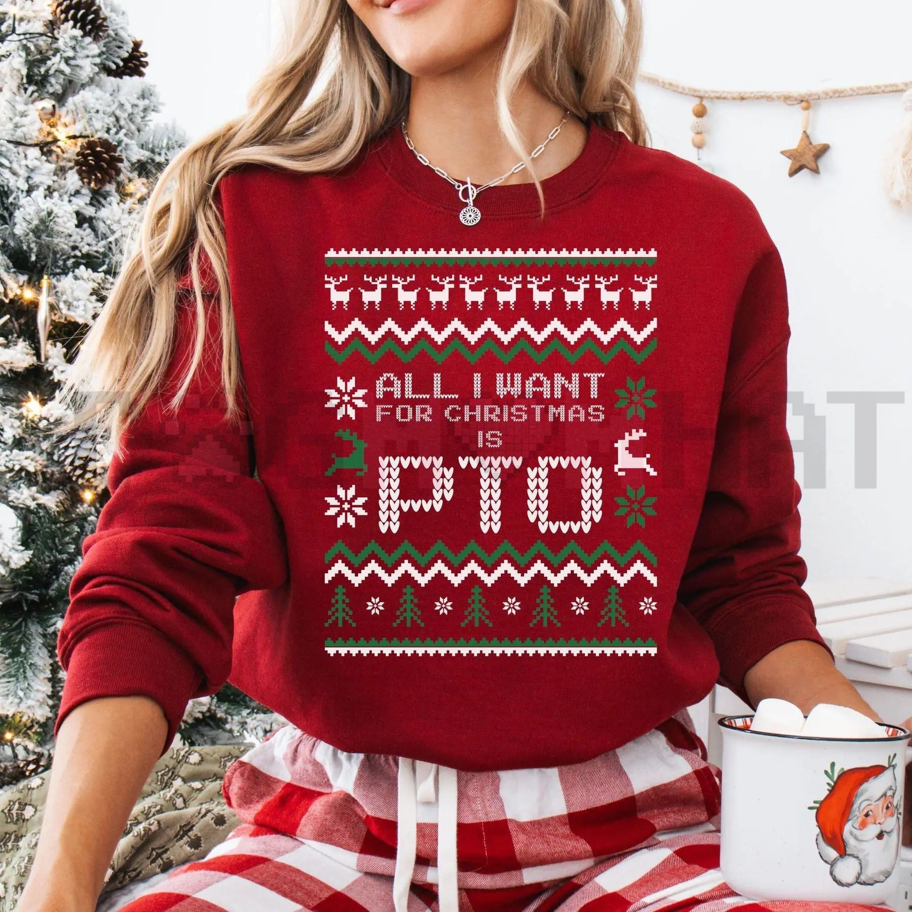 Red Christmas sweater with holiday pattern and “All I Want For Christmas Is PTO” text