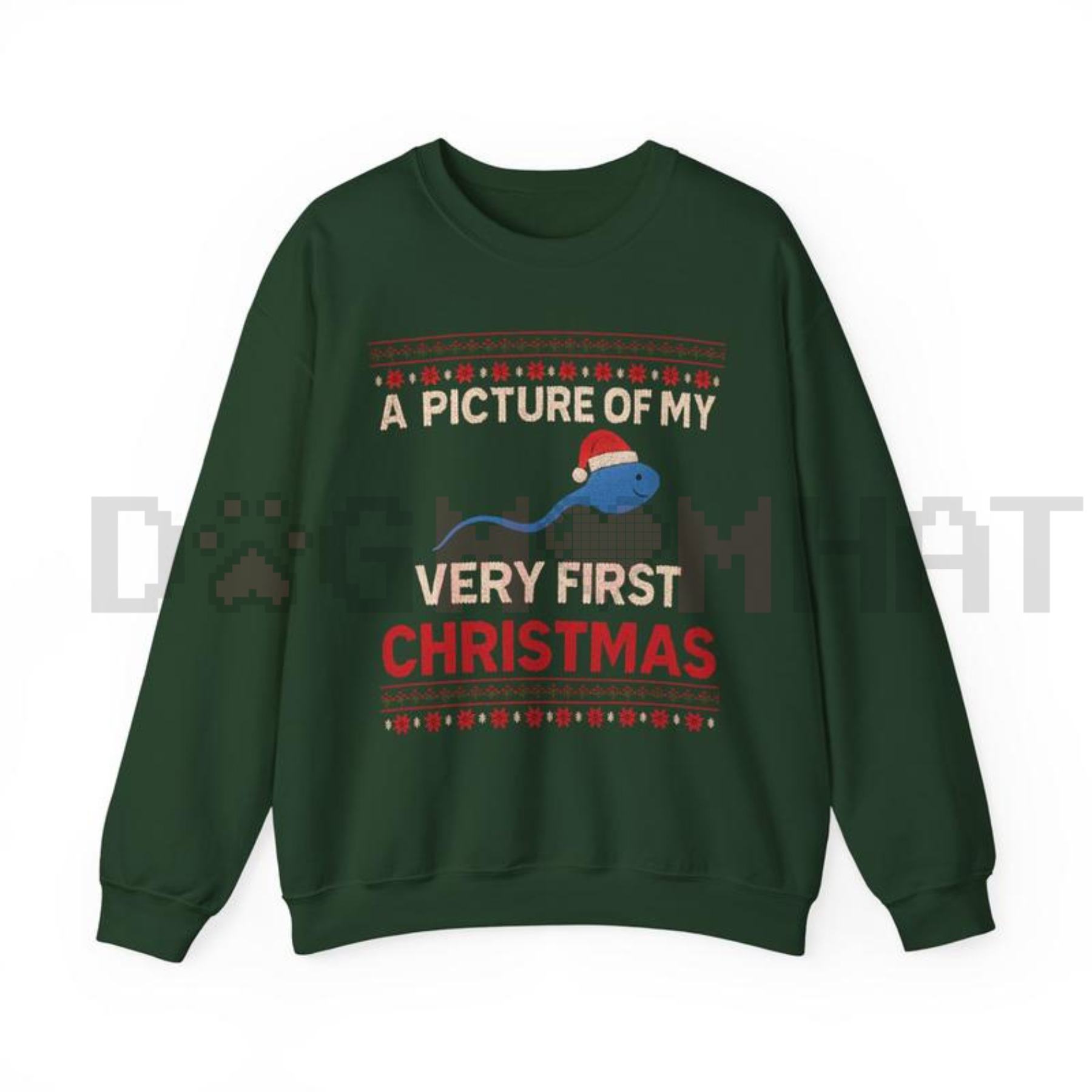 Forest green unisex crewneck sweatshirt with 'Very First Christmas' graphic and blue dinosaur.
