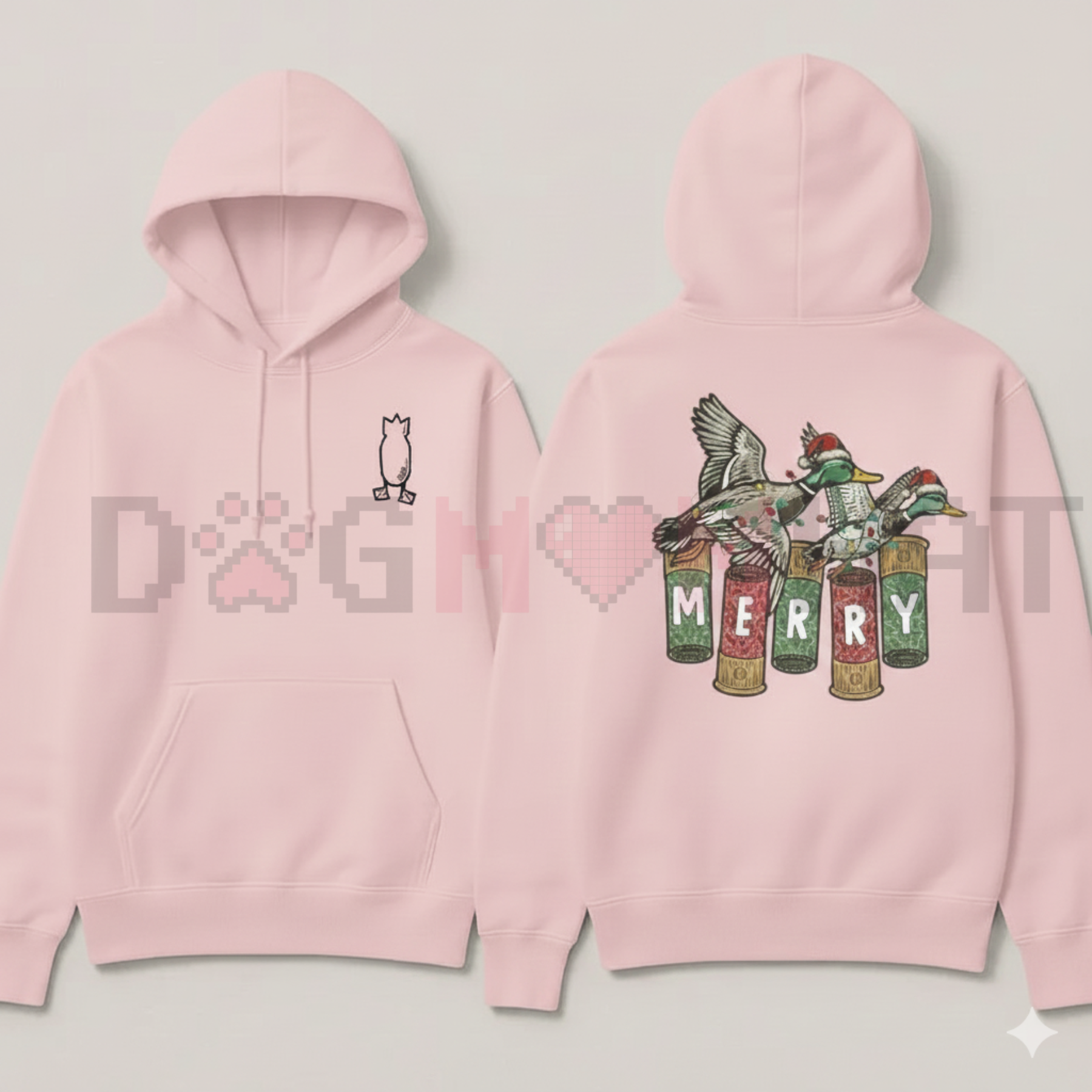 Light pink hoodie with cat logo front and Merry duck graphic back