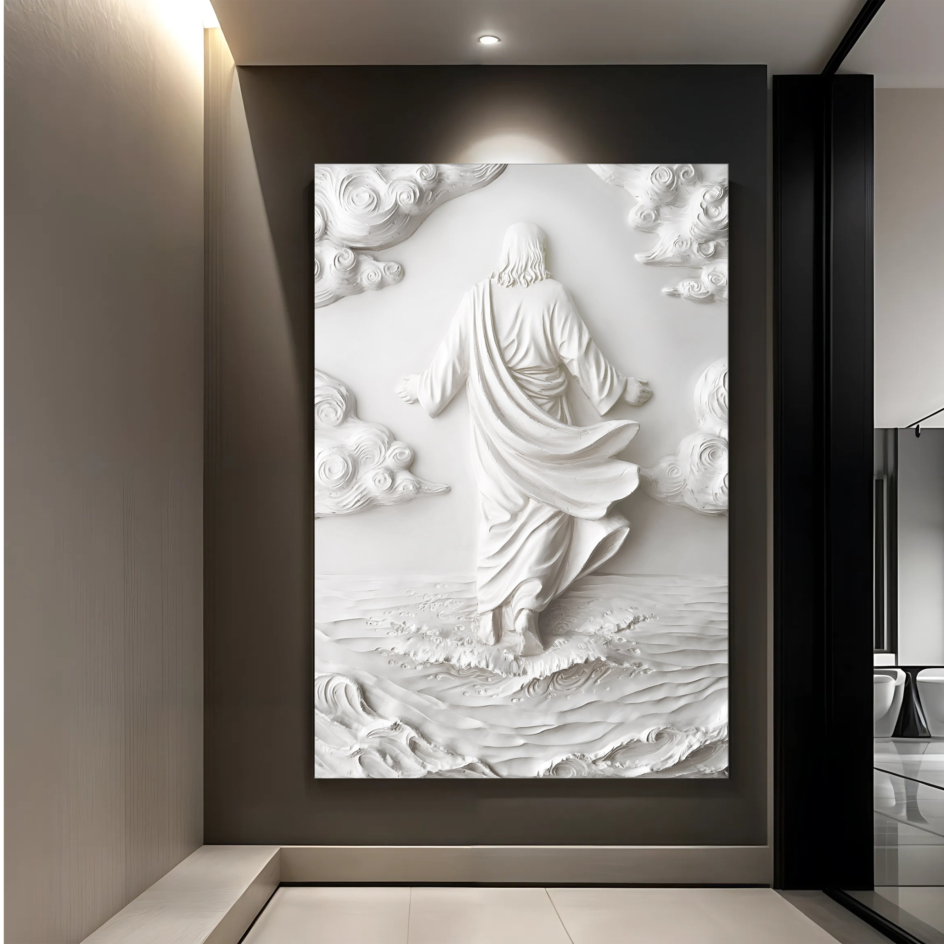 3D minimalist Jesus walking on water wall art with white relief figure and water waves