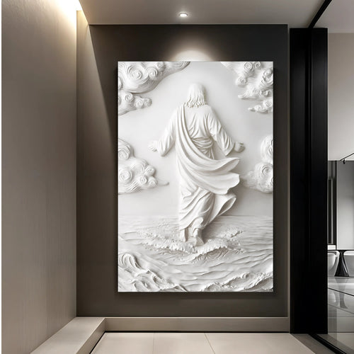 3D minimalist Jesus walking on water wall art with white relief figure and water waves
