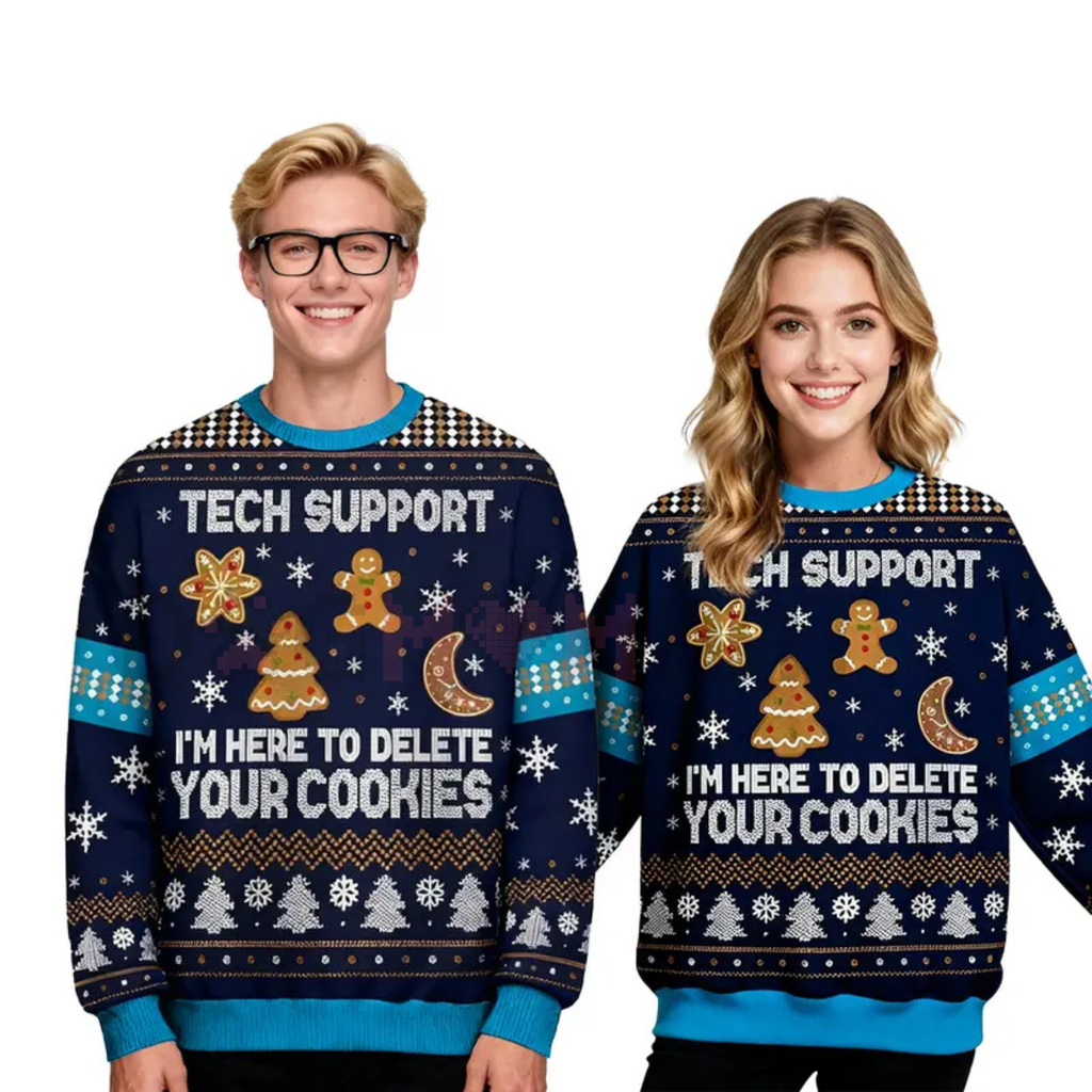 Navy knit crewneck sweater with TECH SUPPORT holiday graphic and delete cookies text