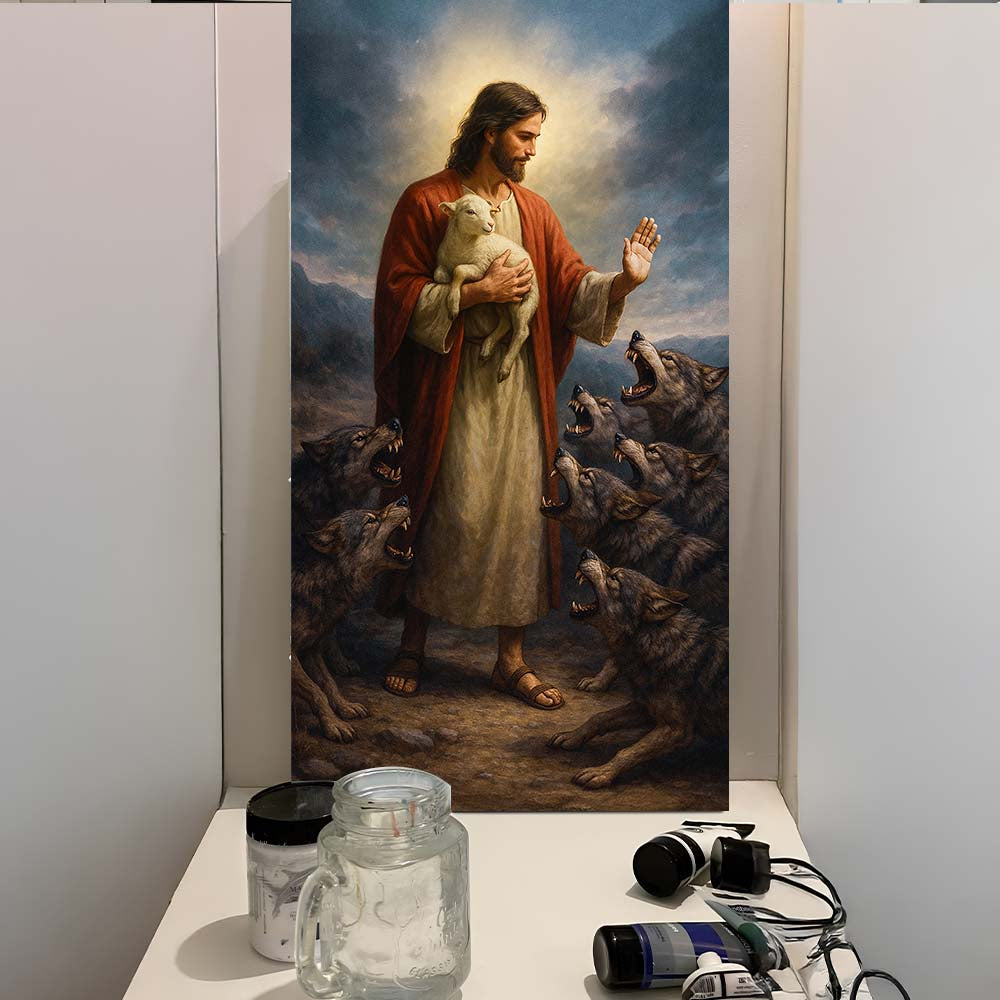 Vertical canvas wall art of Jesus cradling a lamb, wolves surrounding him