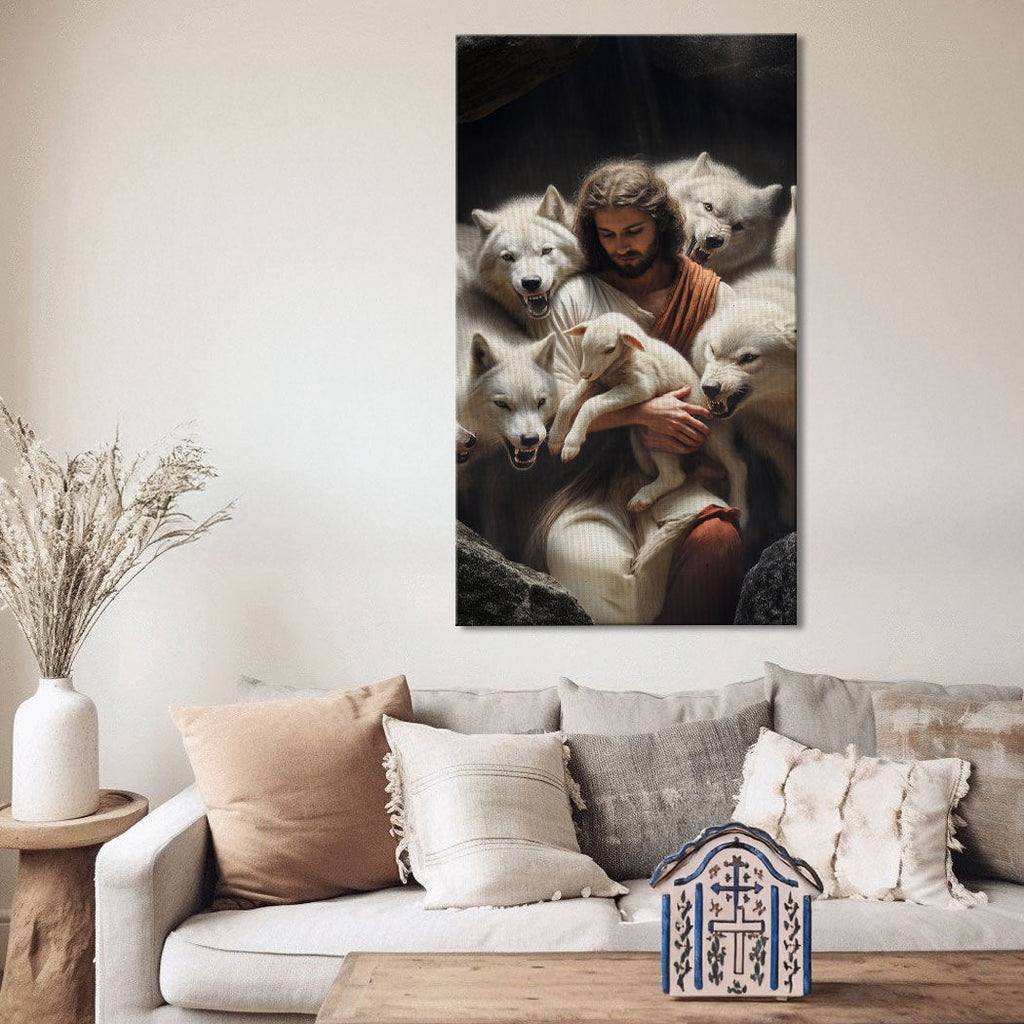 Vertical canvas wall art of Jesus holding a lamb surrounded by wolves above a sofa