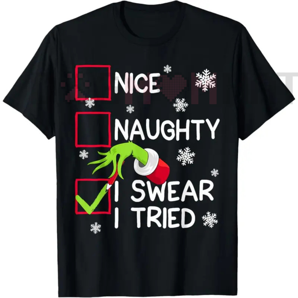 Black unisex Christmas graphic tee with 'Nice', 'Naughty', and 'I Swear I Tried' print