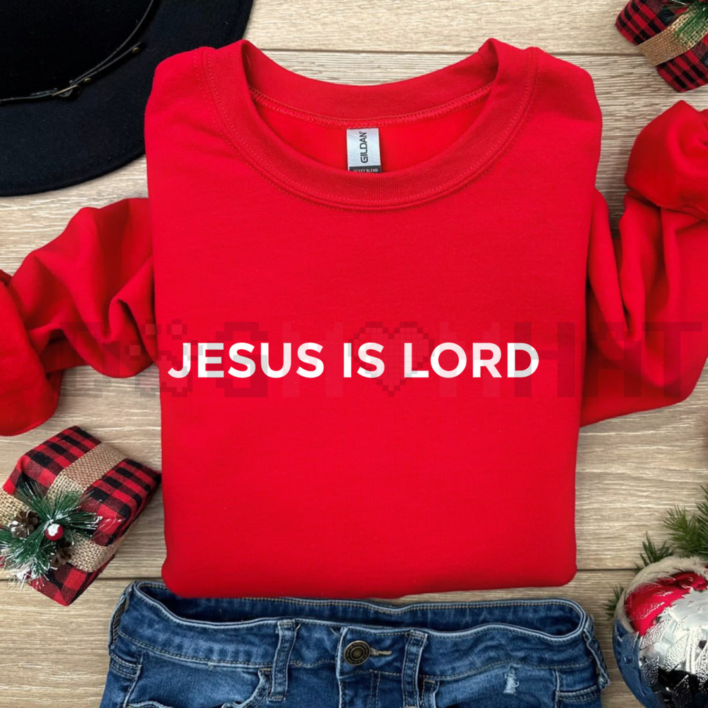 Red sweatshirt with white 'JESUS IS LORD' print, crew neck and long sleeves