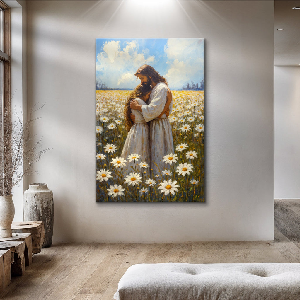 Faith wall art canvas of Jesus hugging a woman standing in a daisy-filled field