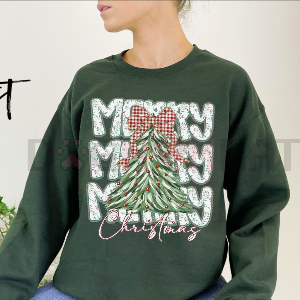 Forest green crewneck sweatshirt with Christmas tree graphic and plaid bow, long sleeves