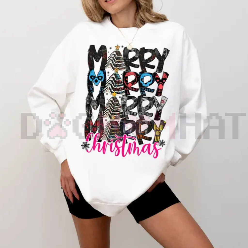 White crewneck sweatshirt with Merry Christmas graphic, long sleeves