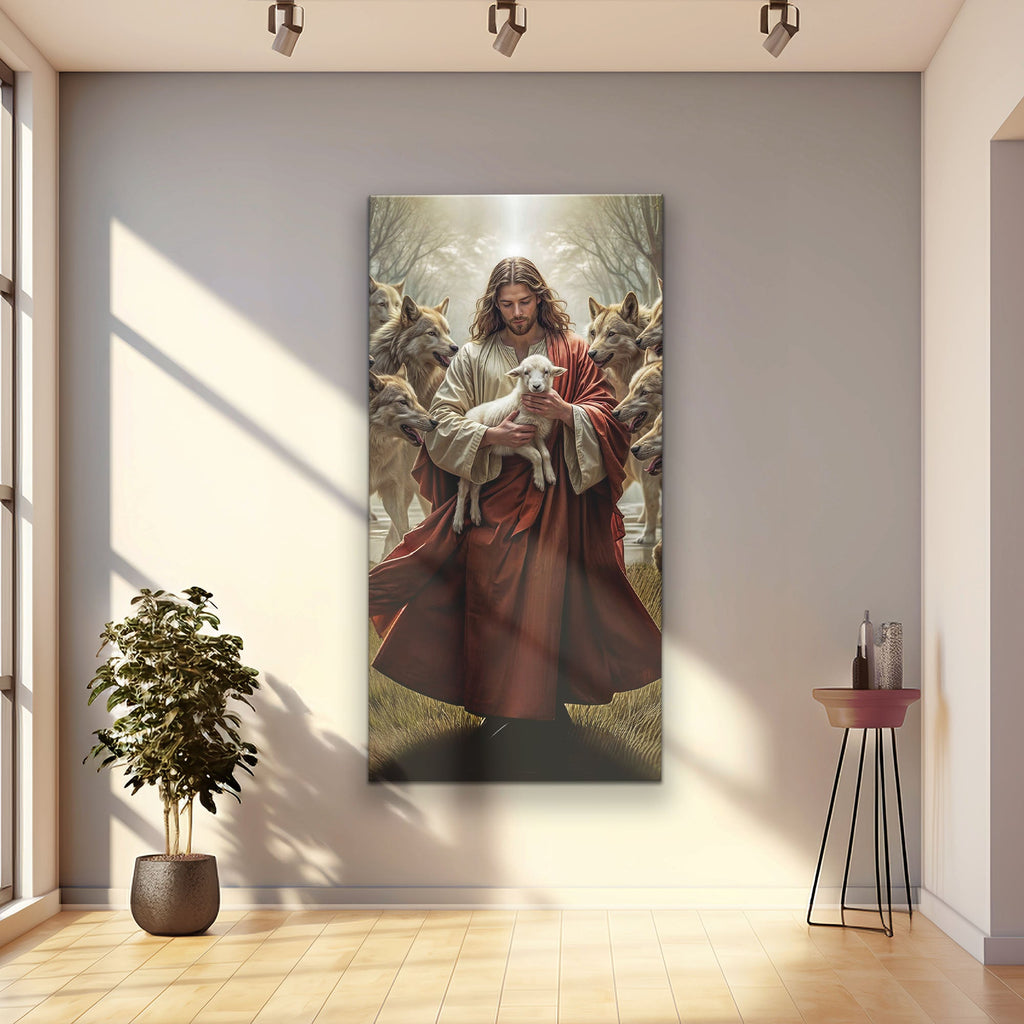 Faith wall art canvas of Jesus cradling a white lamb among wolves