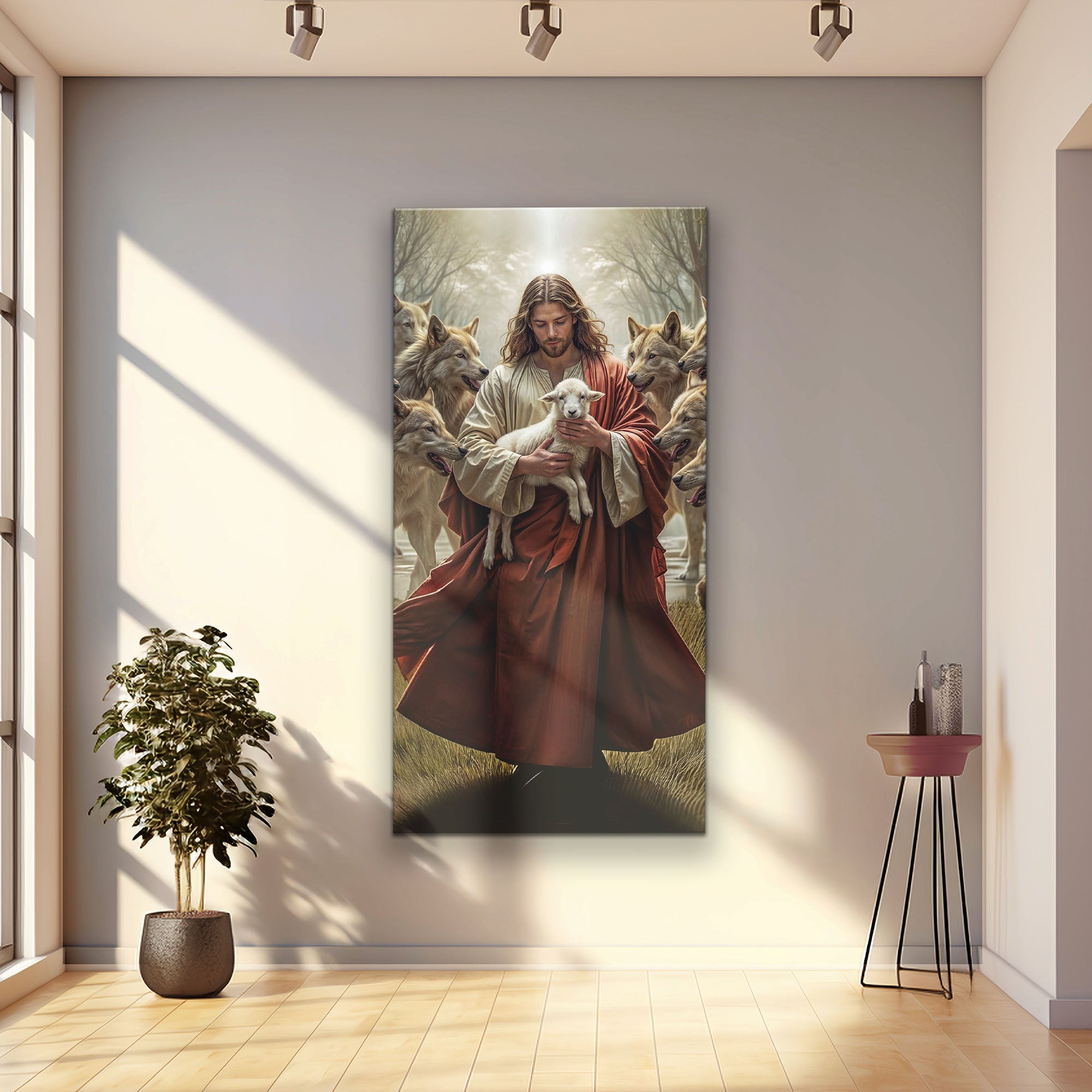 Faith wall art canvas of Jesus cradling a white lamb among wolves