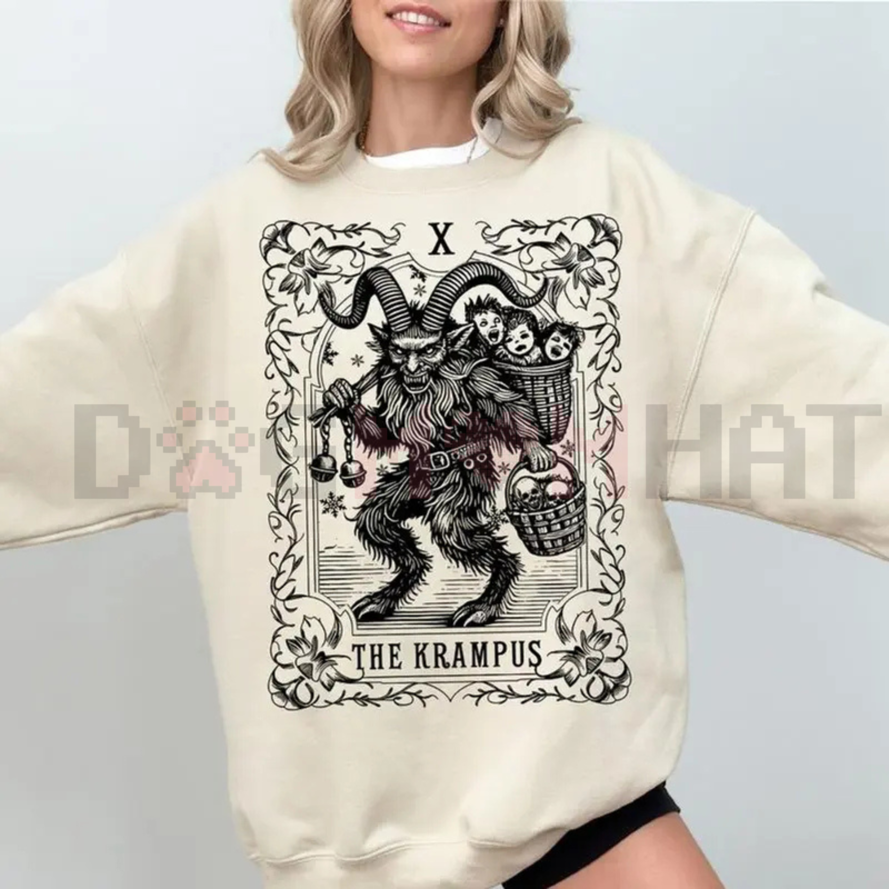 Cream sweatshirt with gothic Krampus graphic on the front