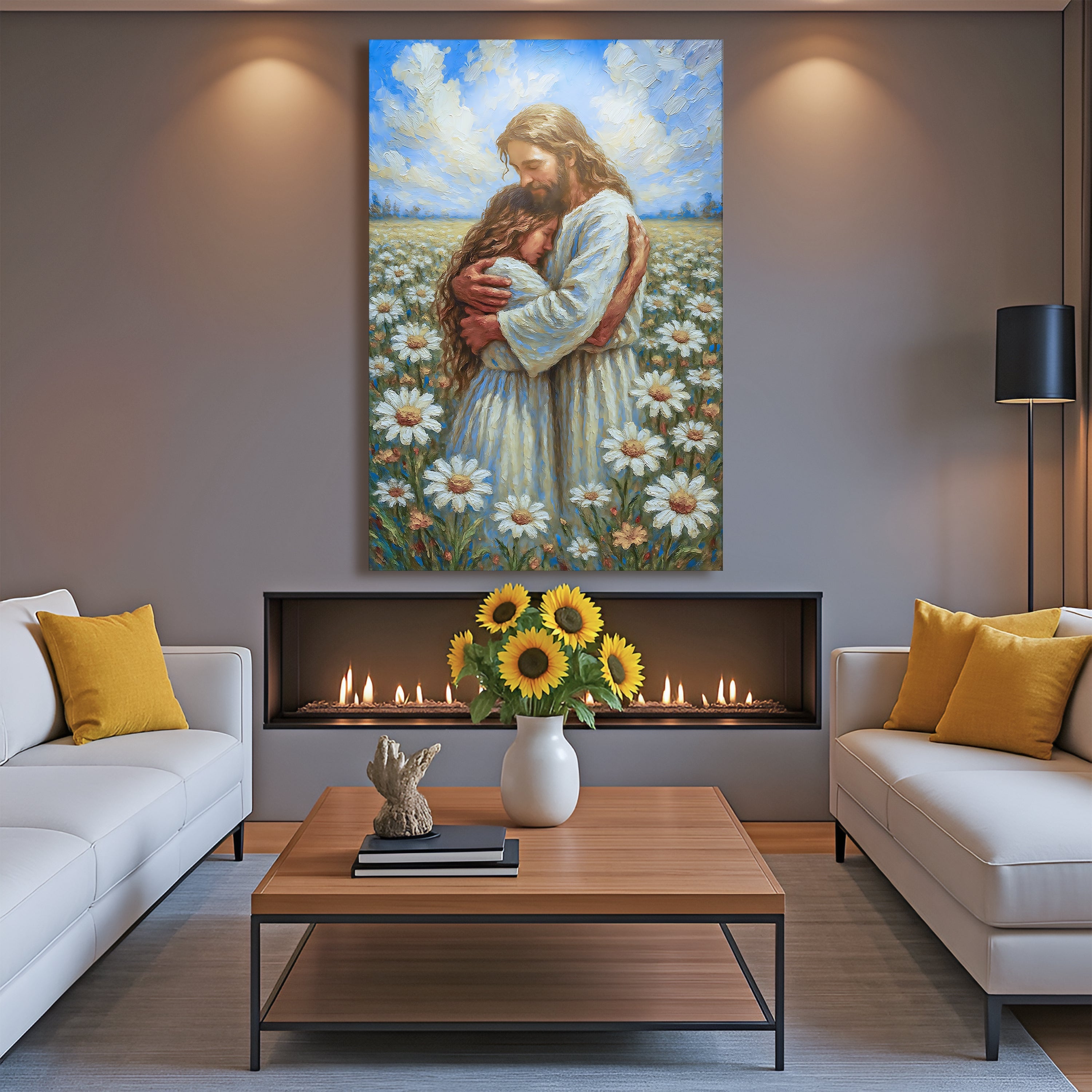 Jesus holding a child wall art canvas above a fireplace and floral decor