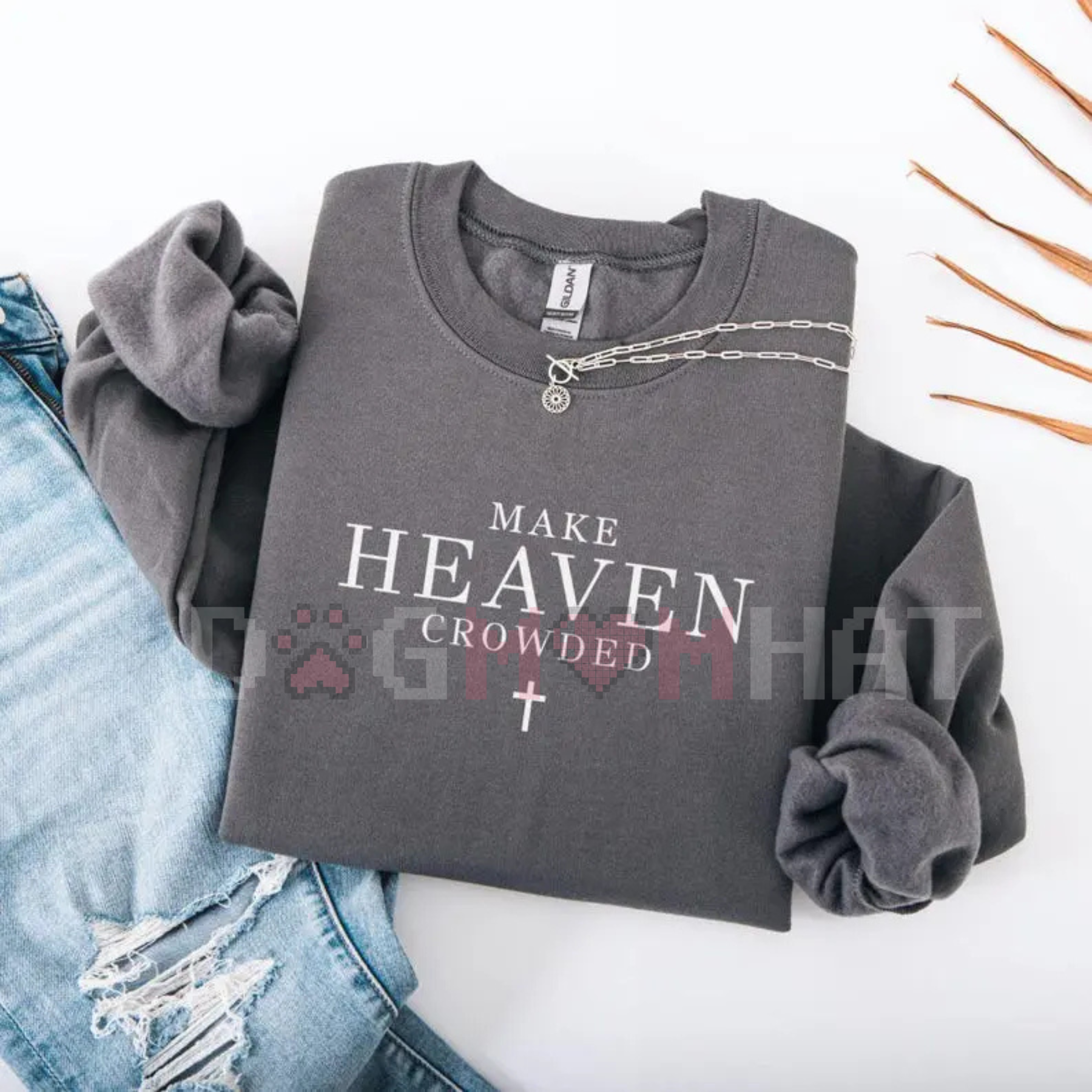 Dark gray crewneck sweatshirt with 'MAKE HEAVEN CROWDED' quote and chain graphic