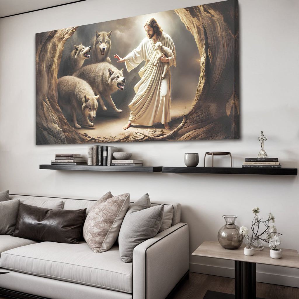 Wall art canvas depicting Jesus and lambs inside a rocky cave