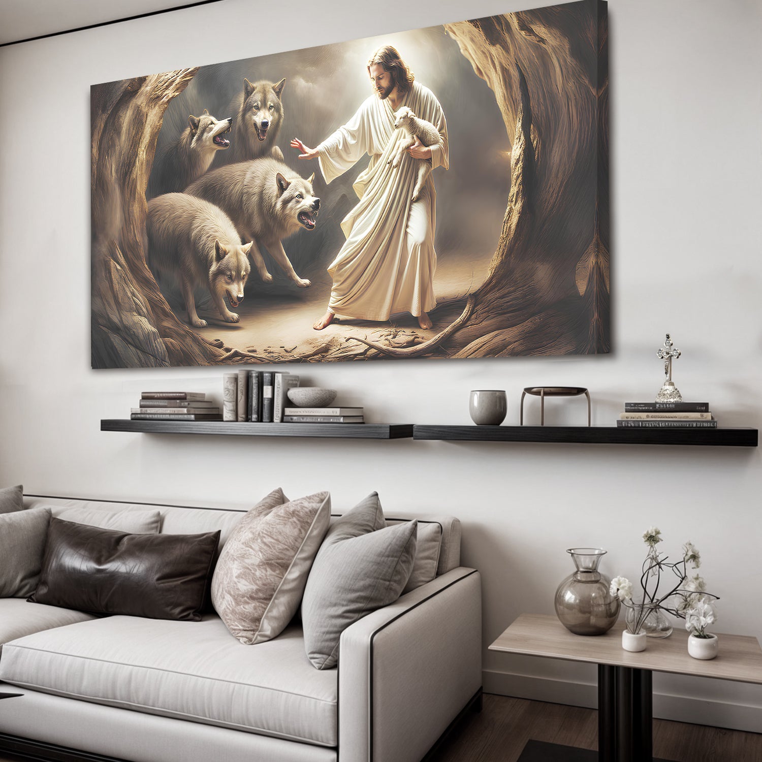 Wall art canvas depicting Jesus and lambs inside a rocky cave