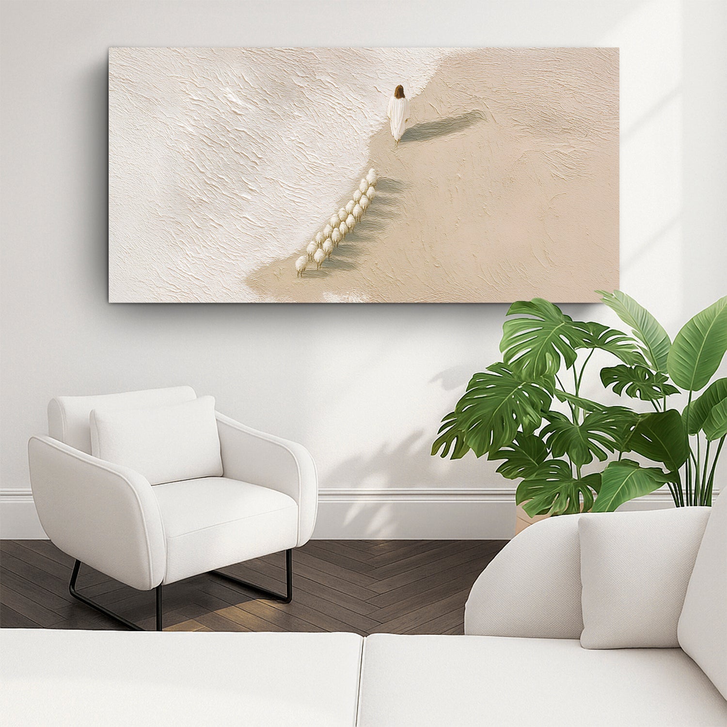 Horizontal canvas wall art with textured white figure and sheep on light beige