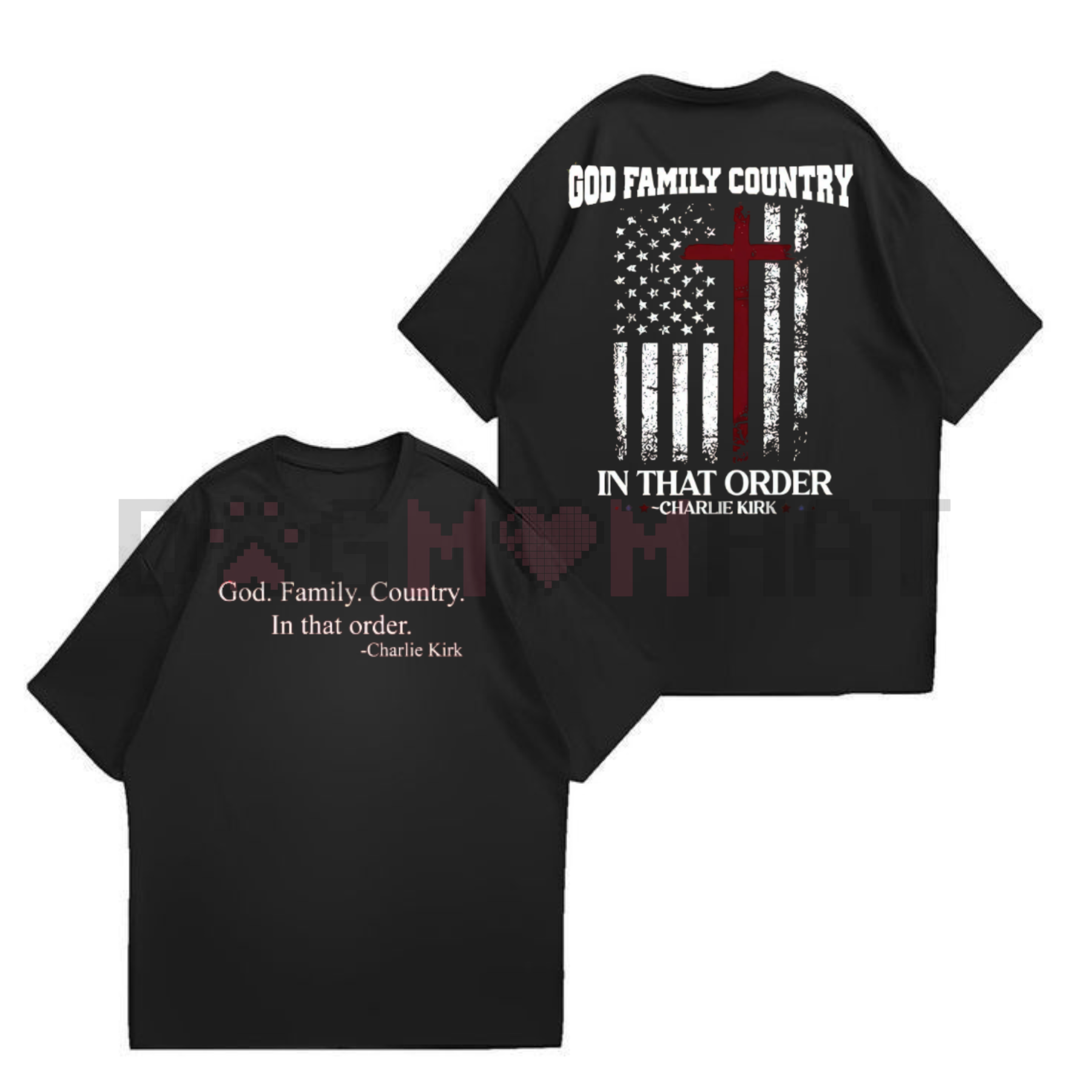 Black crew-neck T-shirt with American flag cross graphic and 'God Family Country' text
