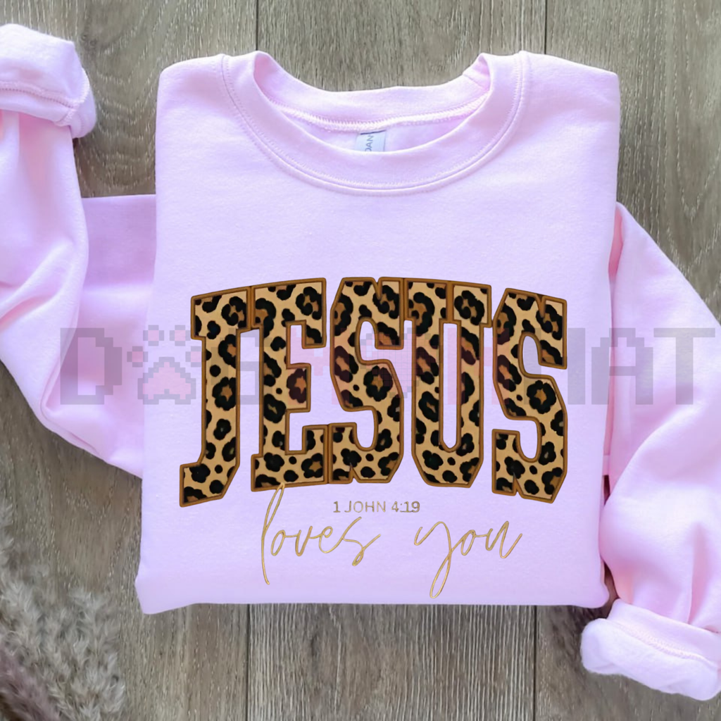Lavender crewneck sweatshirt with leopard JESUS print and gold love you script.