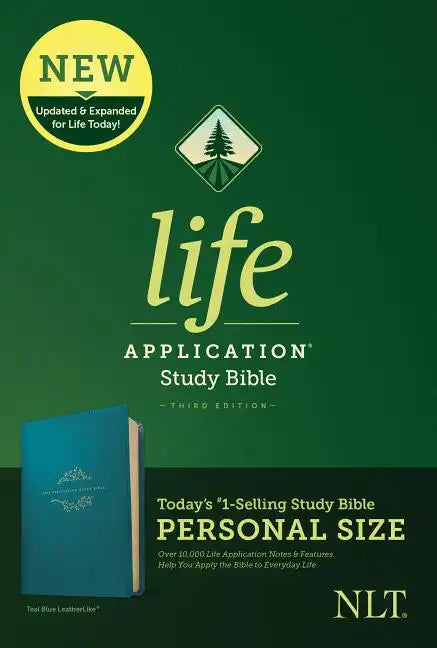 Teal blue Life Application Study Bible with NLT logo and third edition text