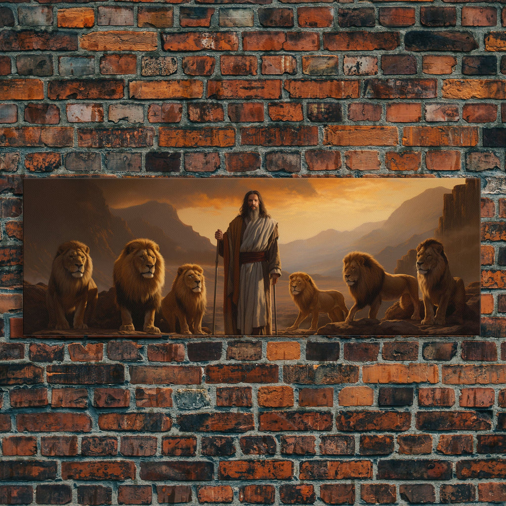 Framed canvas print featuring Jesus in robes with lions seated on both sides