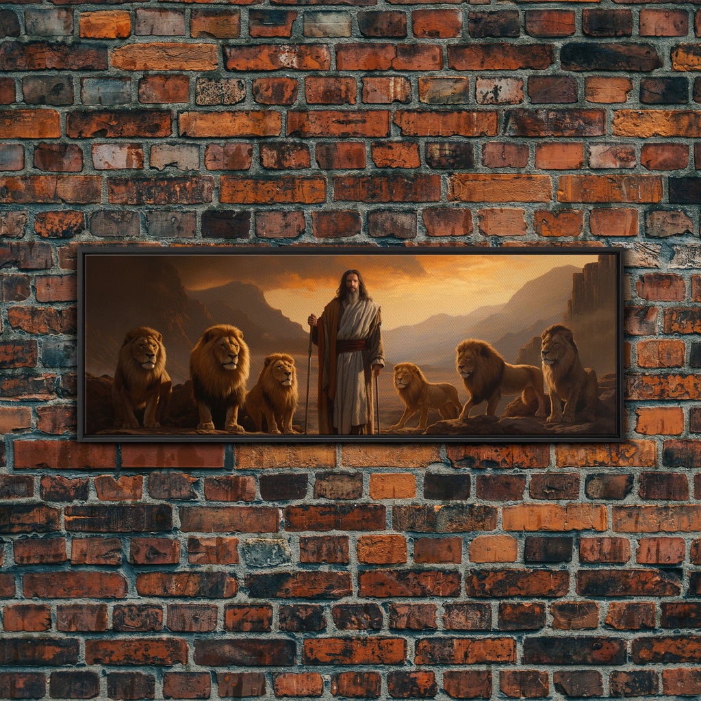 Canvas print of Jesus standing with lions along a mountain path in warm light