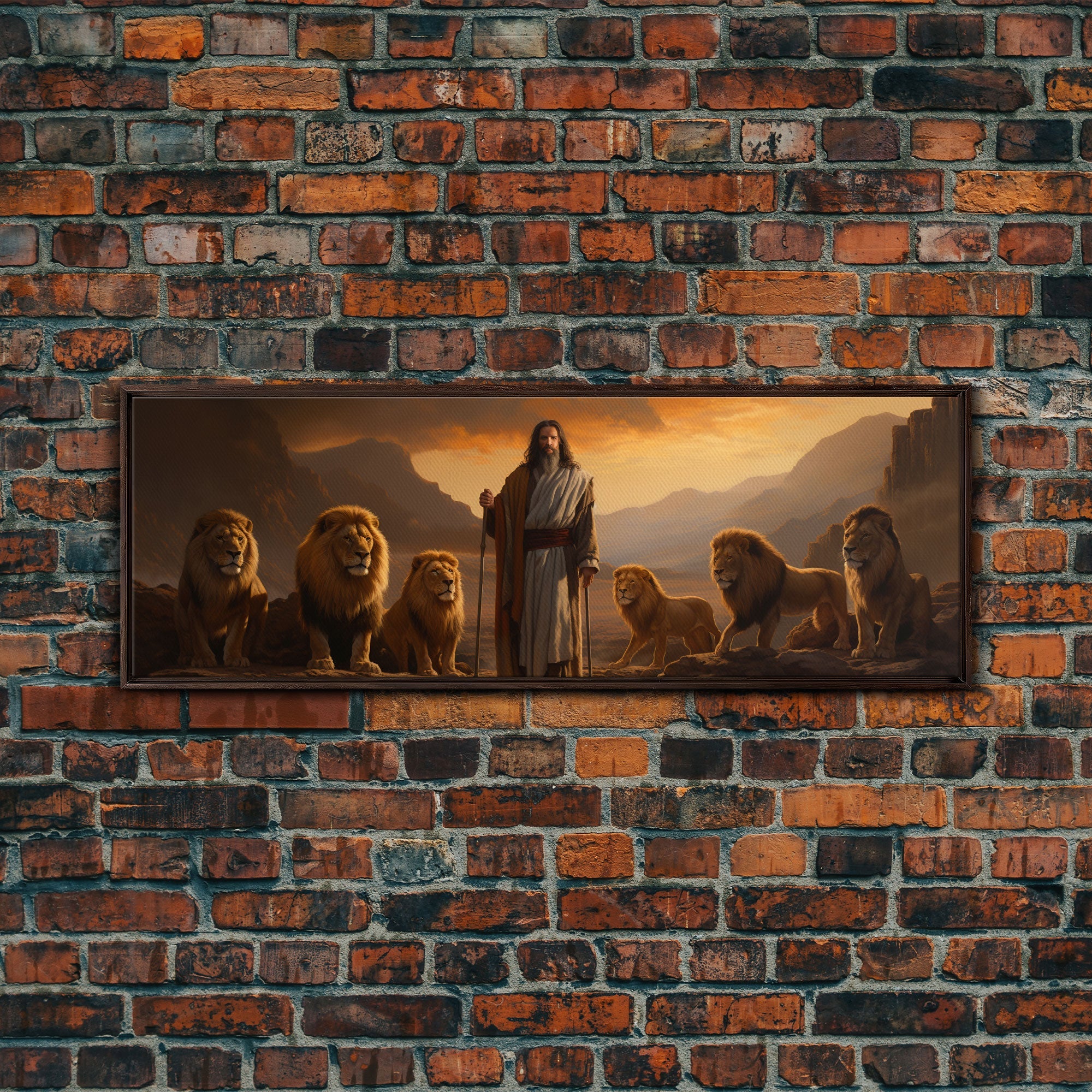 Framed canvas print of Jesus standing with lions in a golden sunset landscape