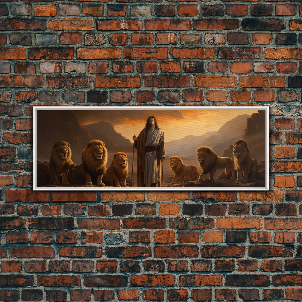 Wide framed canvas print of Jesus standing among lions in a rocky valley