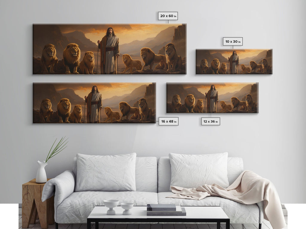 Set of framed Jesus and lion canvas prints displayed above a sofa in a living room