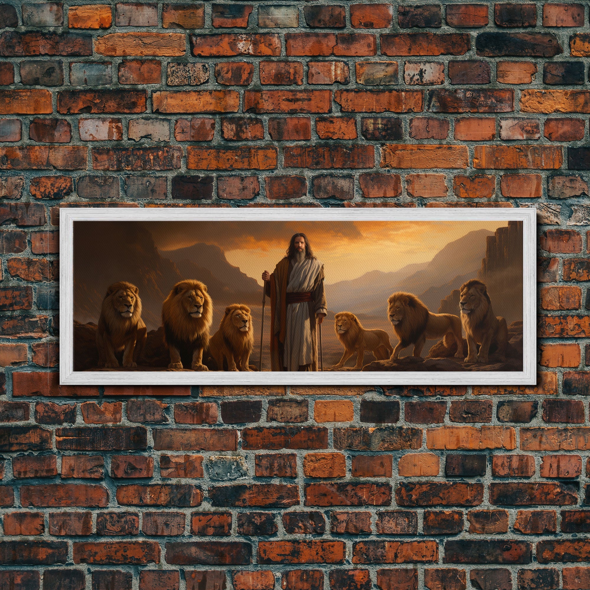 Light-framed canvas print of Jesus standing with lions under a golden sky