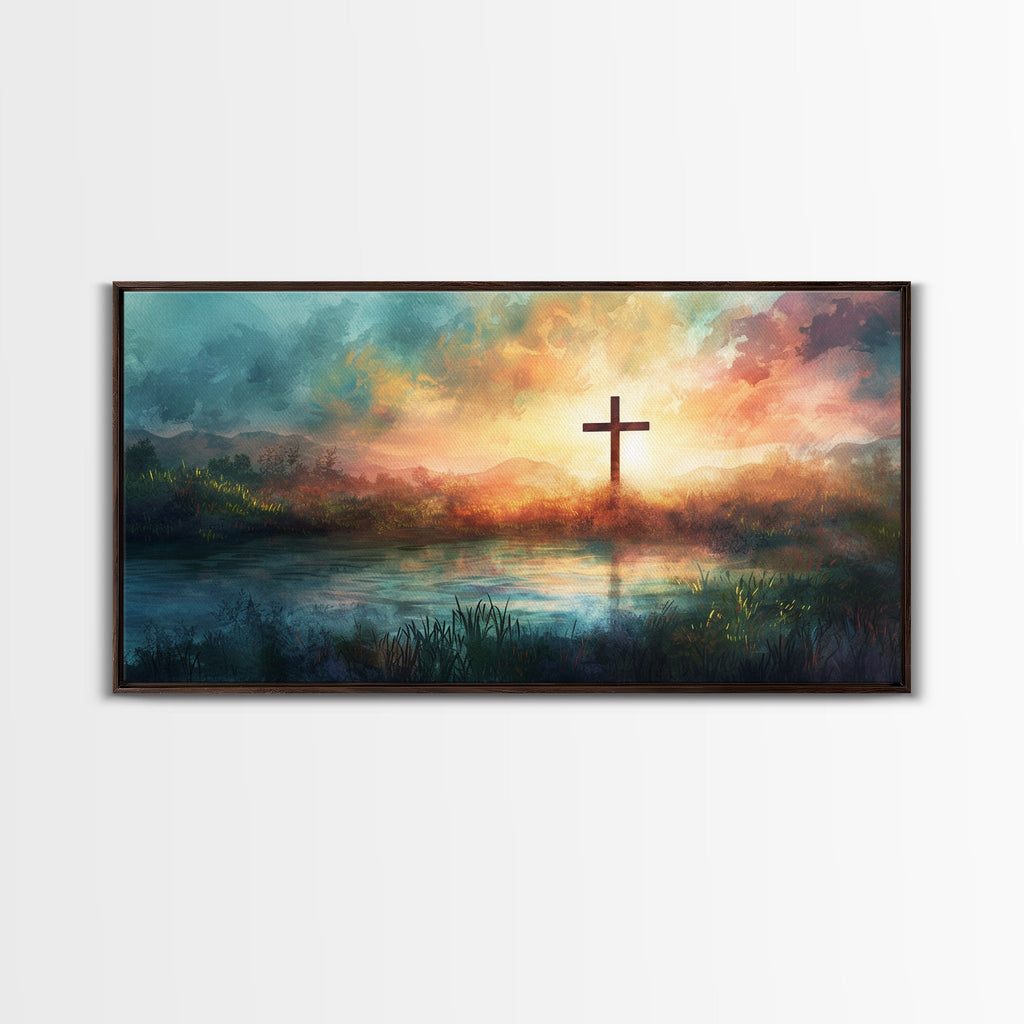 Landscape canvas wall art with cross over sunset lake, in dark frame