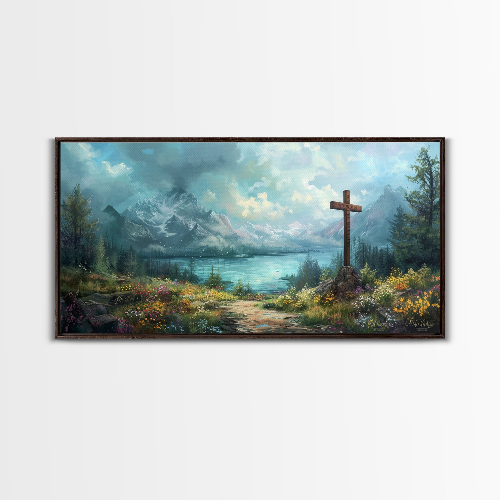 Dark framed canvas print of mountain landscape with wooden cross near lake and trees