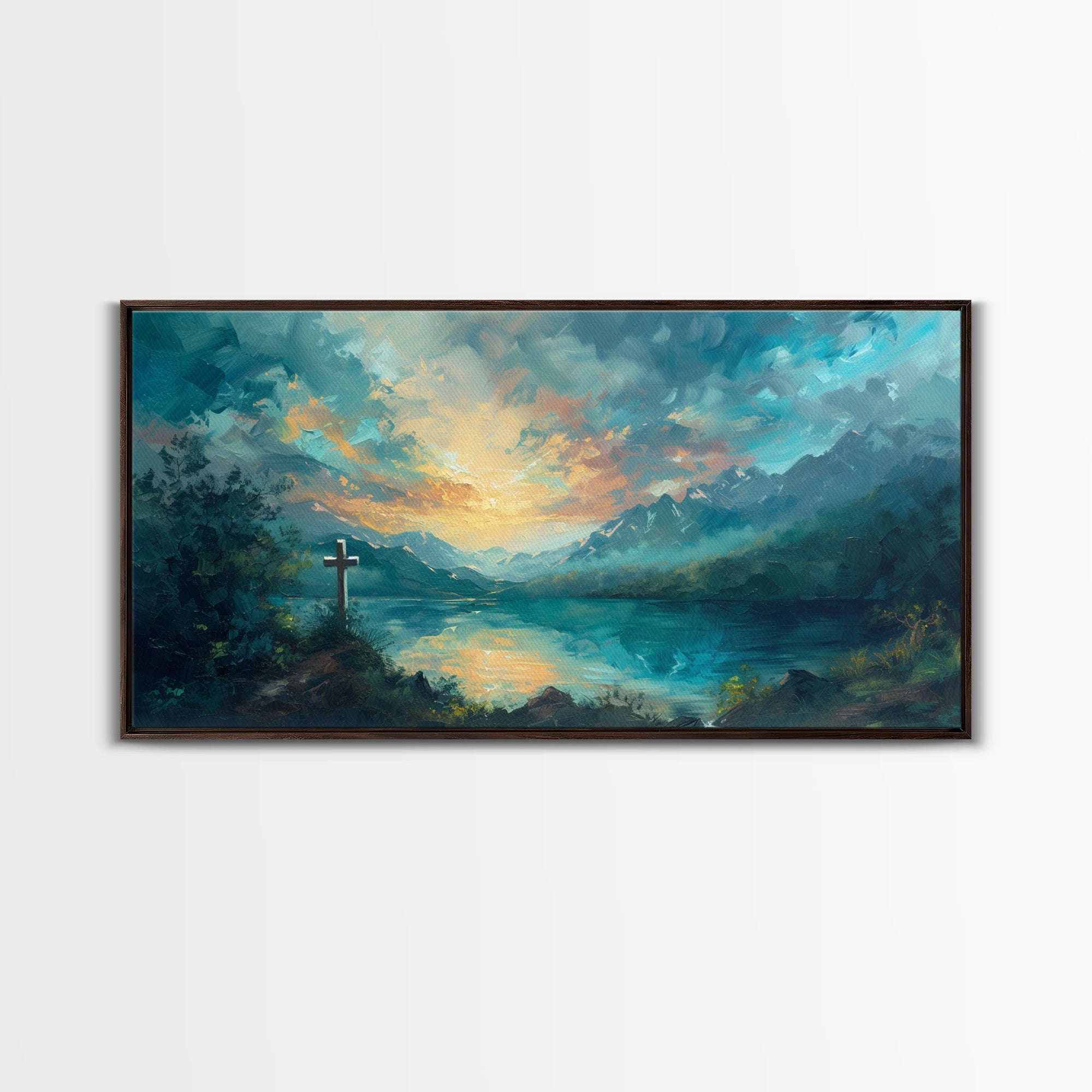 Cross and landscape framed canvas wall art with dark frame and blue-green valley