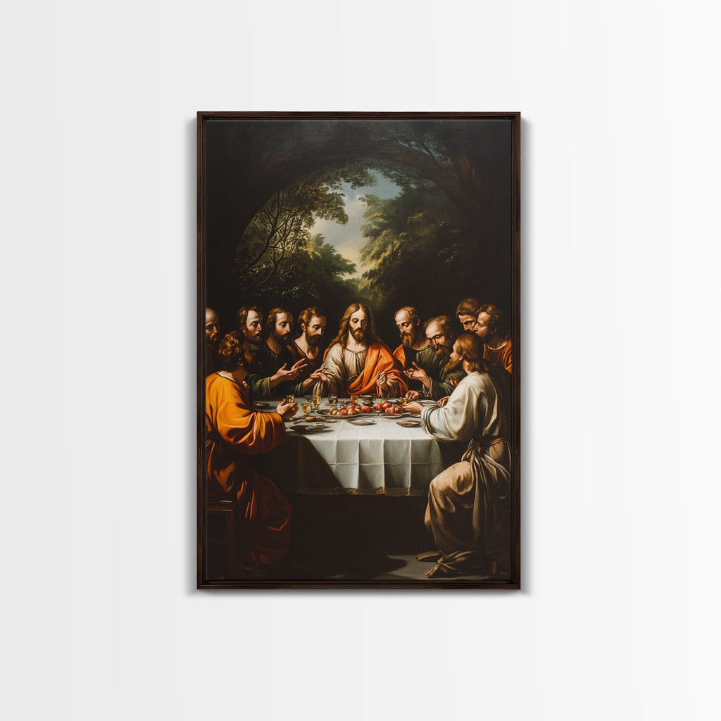 Framed canvas wall art of the Last Supper banquet with surrounding figures in robes