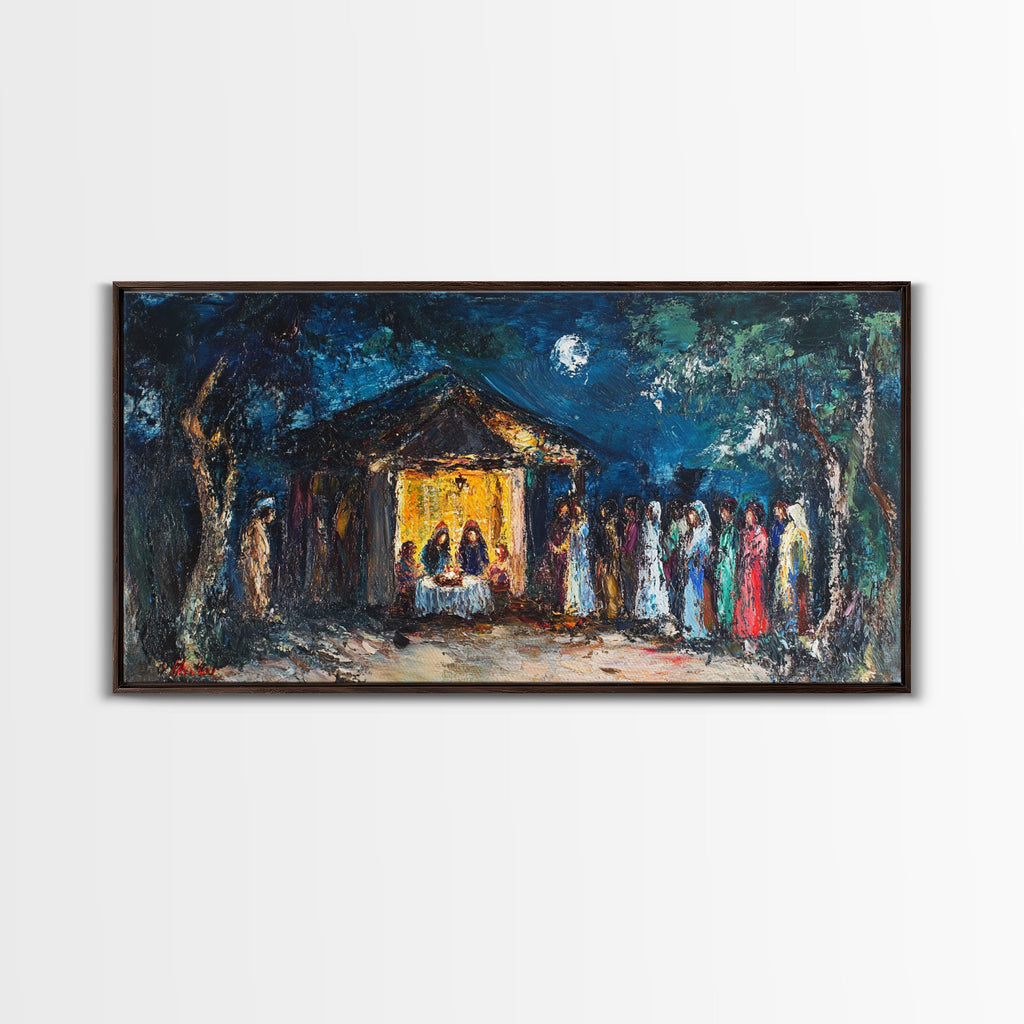 Framed canvas print featuring blue moonlit street, yellow chapel, and multicolor crowd