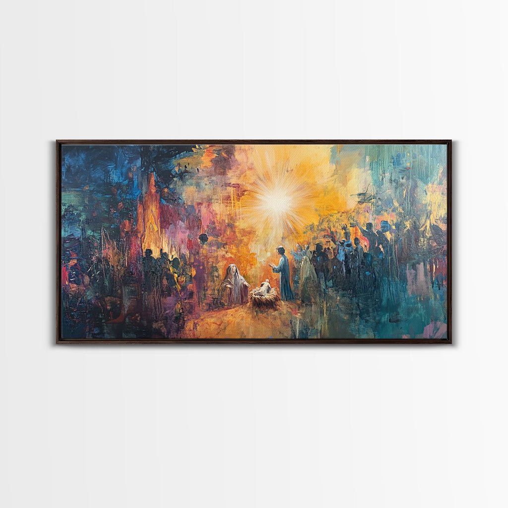 Nativity canvas print in dark frame with bright star glow, figures, and crowd backdrop