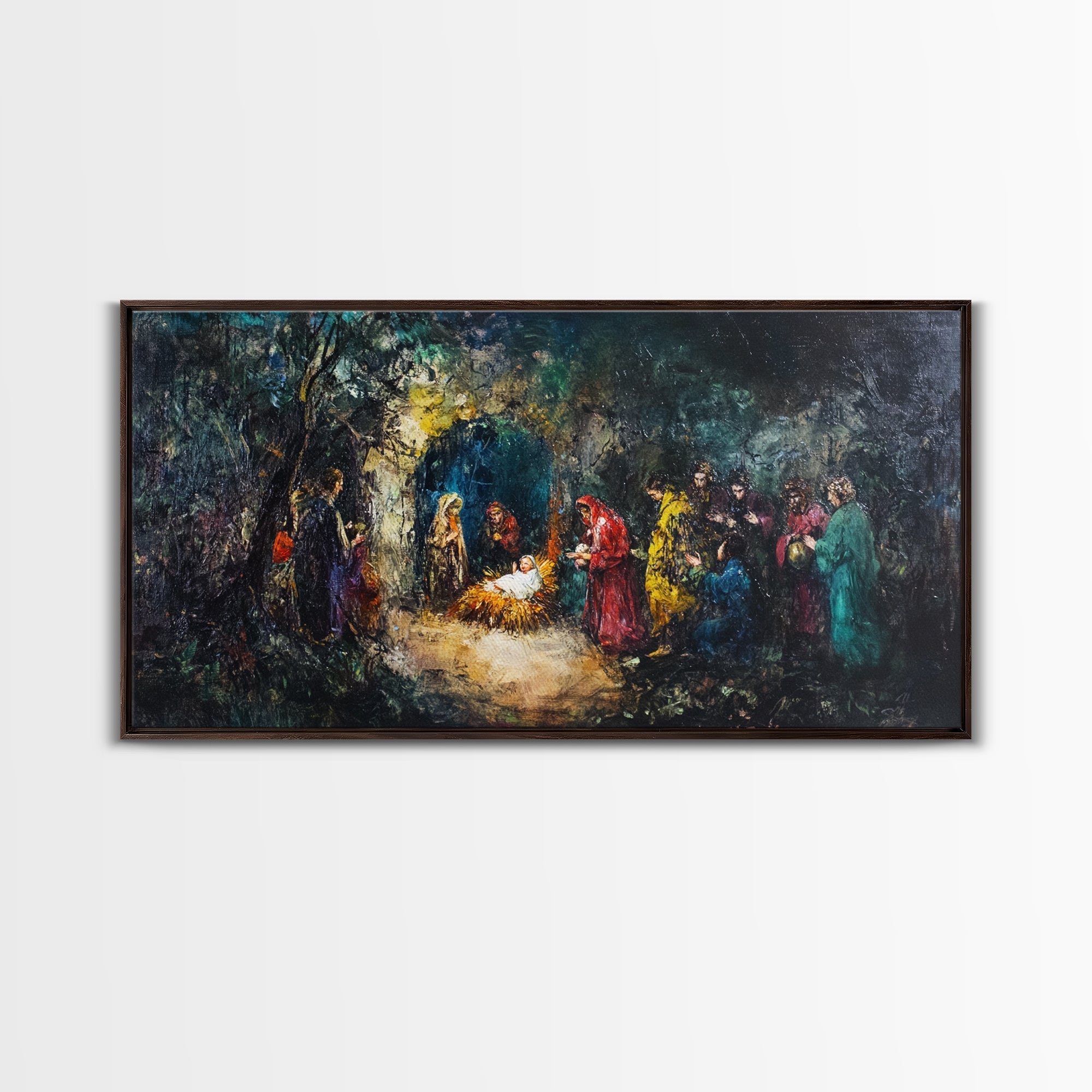 Framed abstract nativity canvas print featuring a central white figure and surrounding crowd