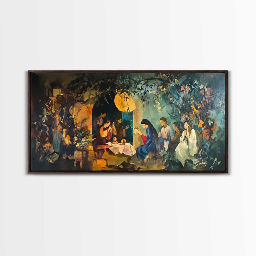 Nativity canvas wall art in dark frame, glowing angel, manger, and gathered people