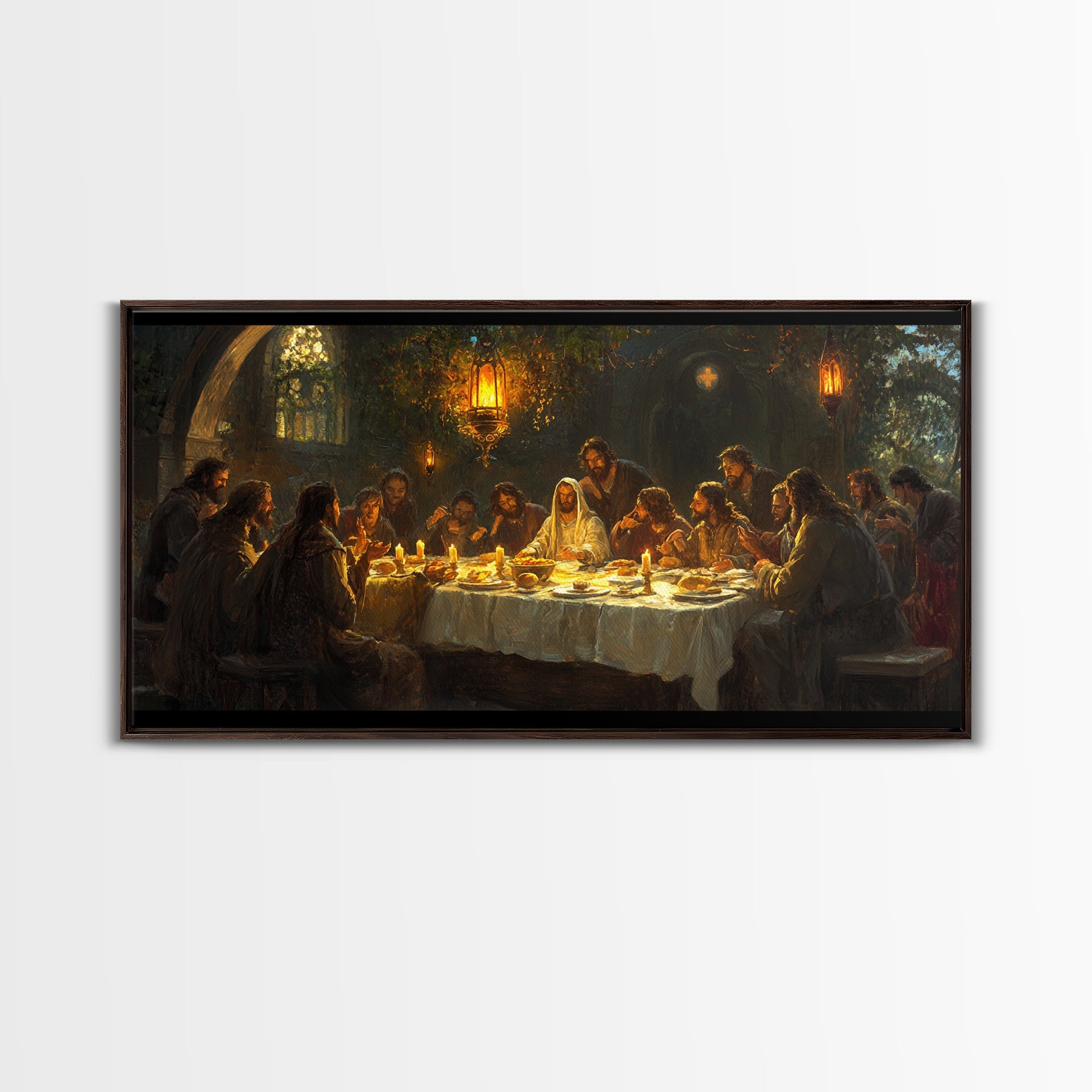 Framed canvas print of The Last Supper oil painting scene in a dark brown wood frame.