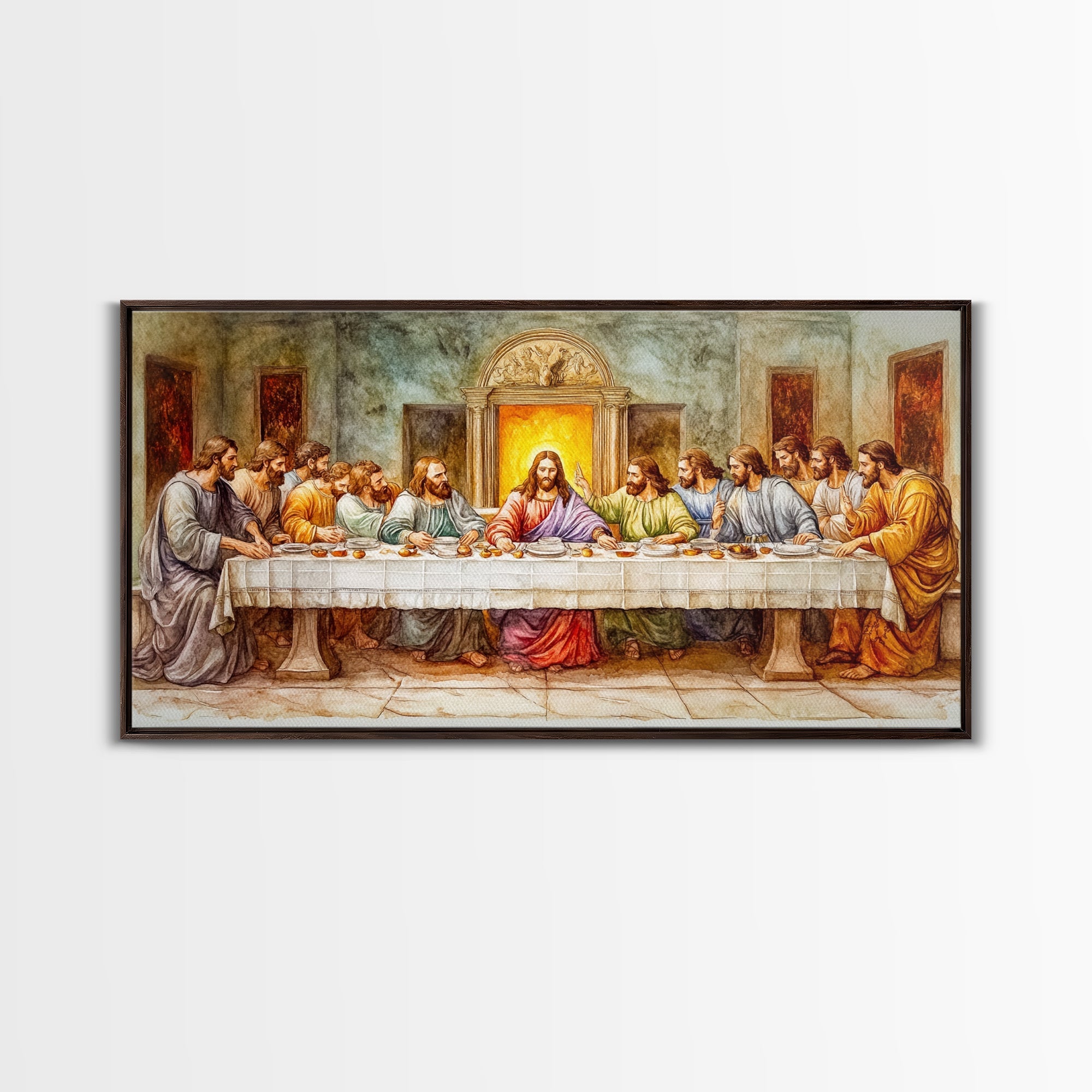 Framed canvas print of The Last Supper, people at a long table with Jesus