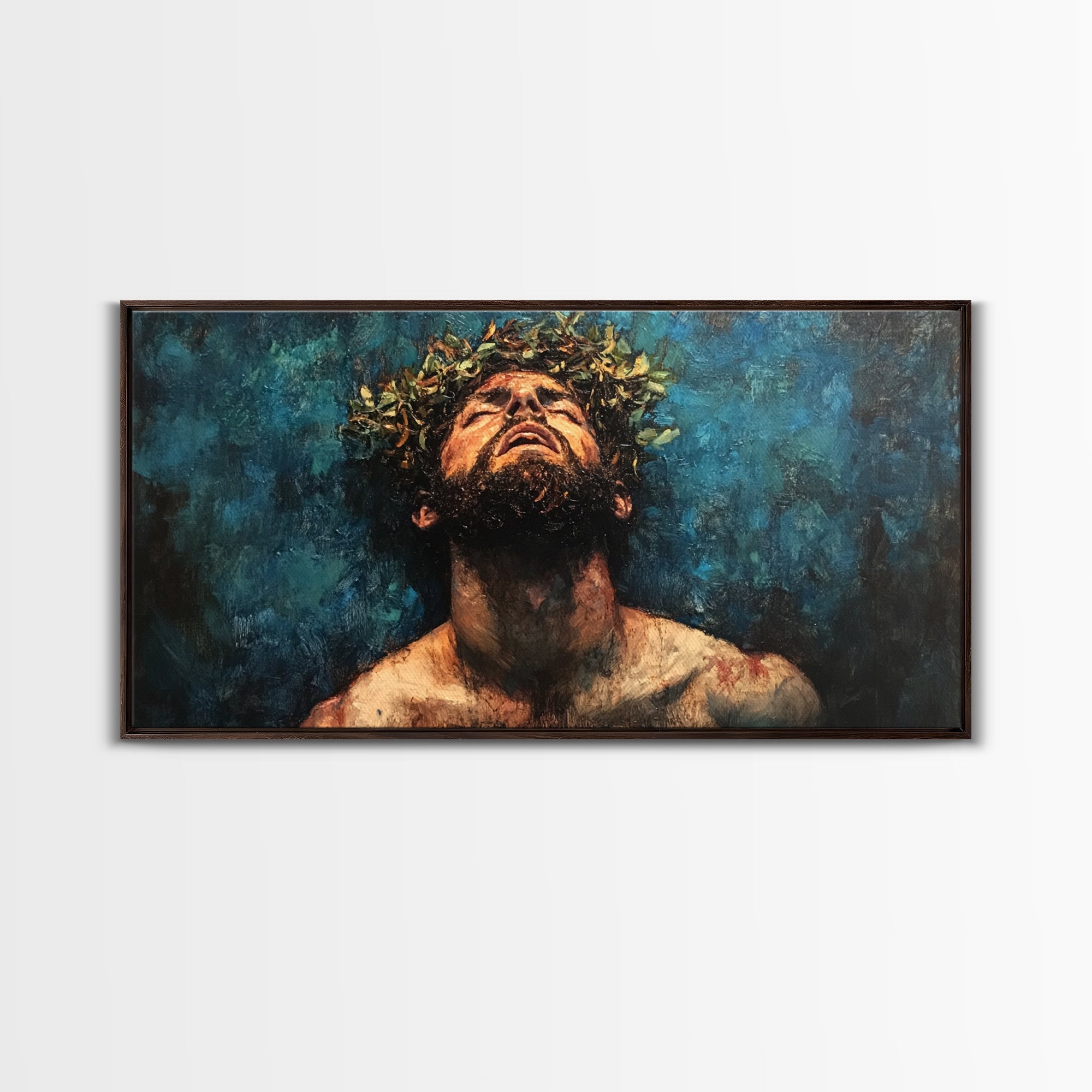 Horizontal Jesus Christ crown of thorns canvas wall art in dark frame