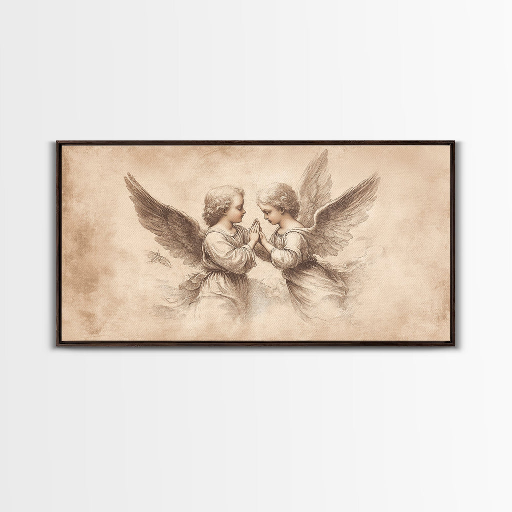 Angel wall art canvas print with two cherubs and wings, beige sketch, black frame